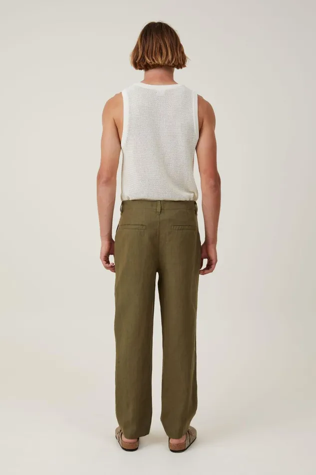 Men Pants Cotton On Linen Pleat Pant Fatigue Green