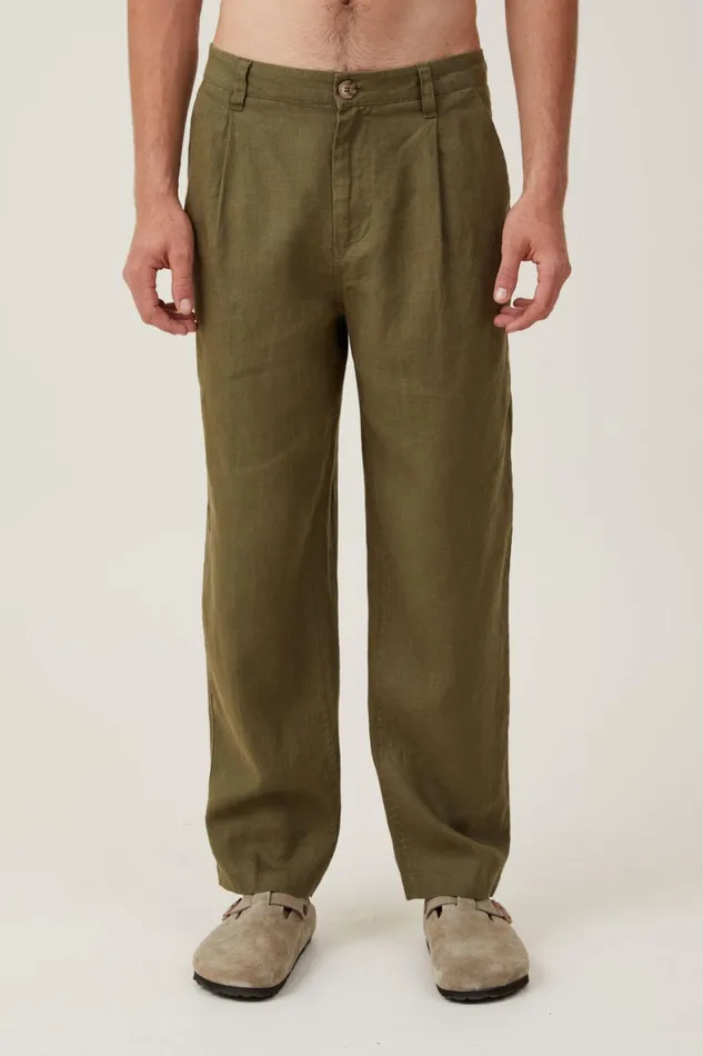 Men Pants Cotton On Linen Pleat Pant Fatigue Green