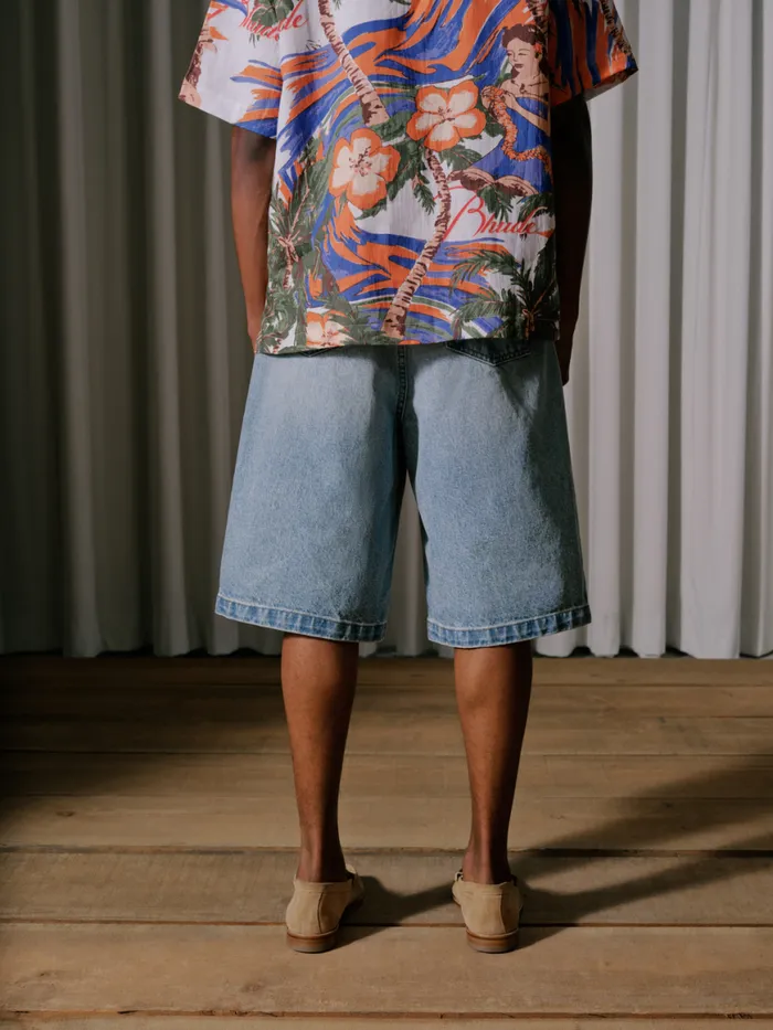 Men Rhude Denim DROP CROTCH DENIM SHORTS Indigo