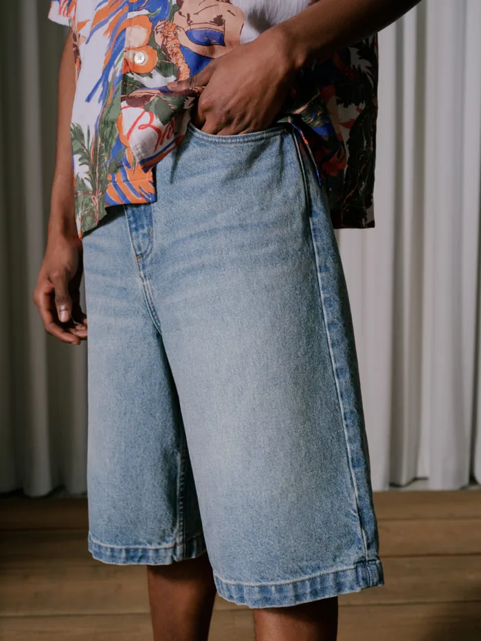 Men Rhude Denim DROP CROTCH DENIM SHORTS Indigo