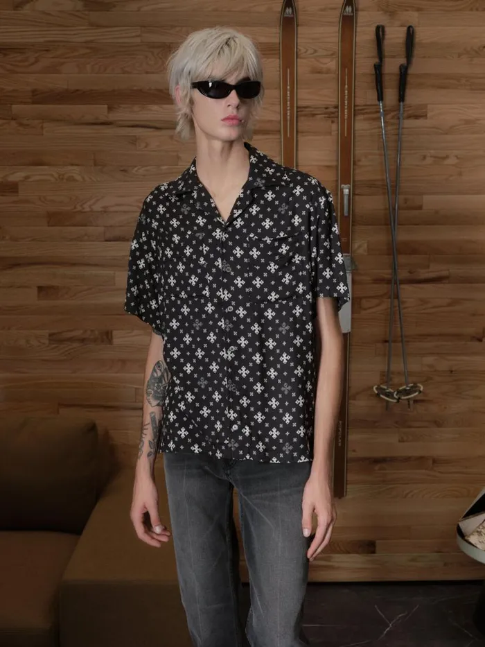 Men Rhude Shirts CROSS BANDANA RAYON SHIRT Blackwhite