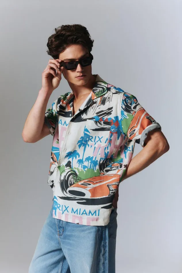 Men Rhude Shirts LINEN GRAND PRIX BUTTON UP Multi