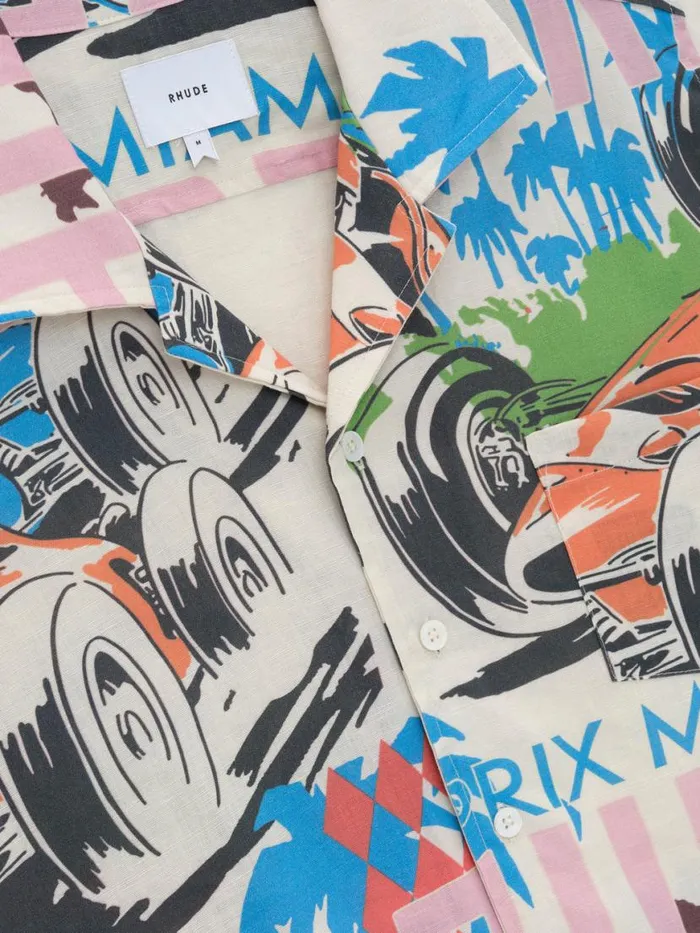 Men Rhude Shirts LINEN GRAND PRIX BUTTON UP Multi