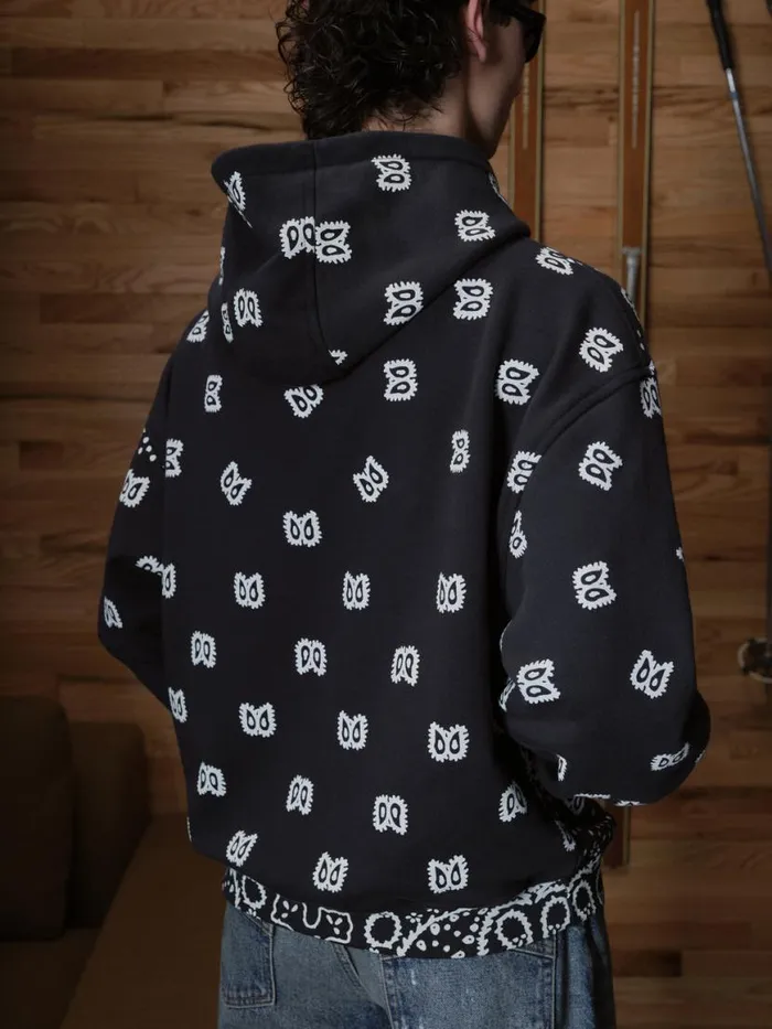 Men Rhude Sweatshirts BANDANA PRINT HOODIE Vtg Black