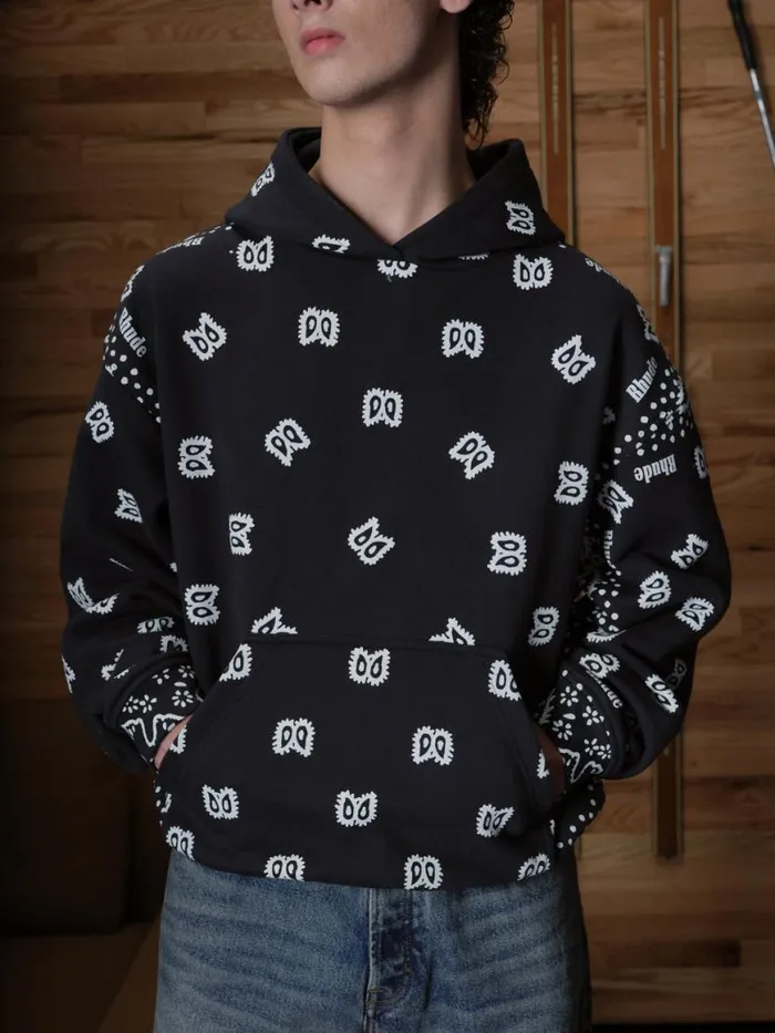 Men Rhude Sweatshirts BANDANA PRINT HOODIE Vtg Black