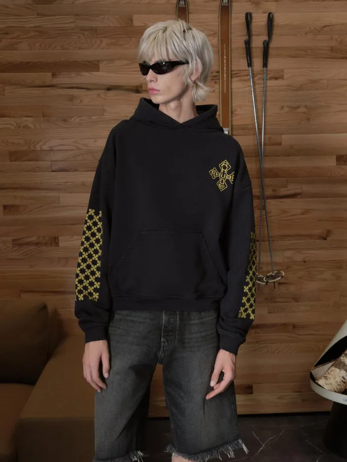 Men Rhude Sweatshirts CROSS HOODIE Vtg Black