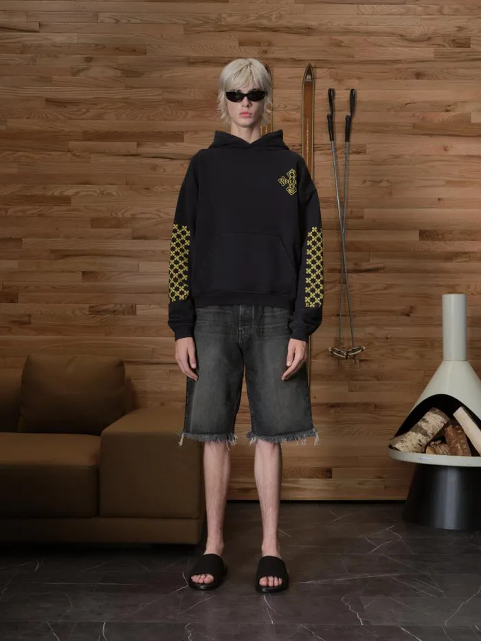 Men Rhude Sweatshirts CROSS HOODIE Vtg Black