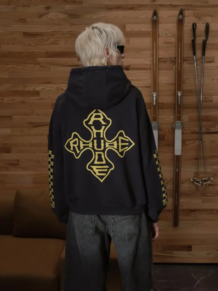 Men Rhude Sweatshirts CROSS HOODIE Vtg Black