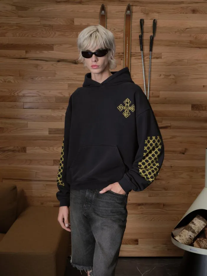 Men Rhude Sweatshirts CROSS HOODIE Vtg Black