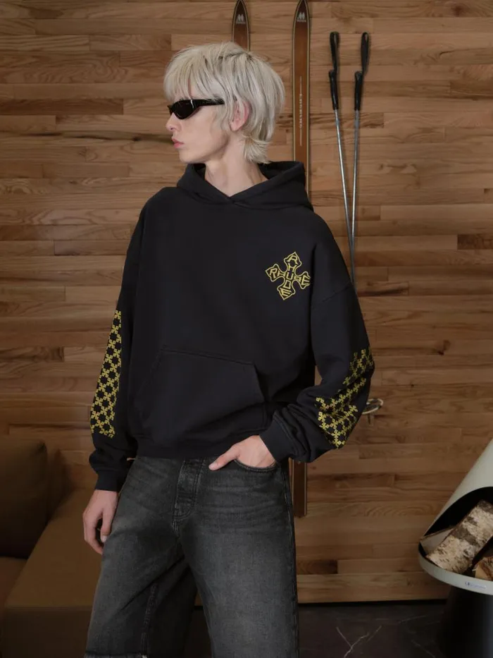 Men Rhude Sweatshirts CROSS HOODIE Vtg Black