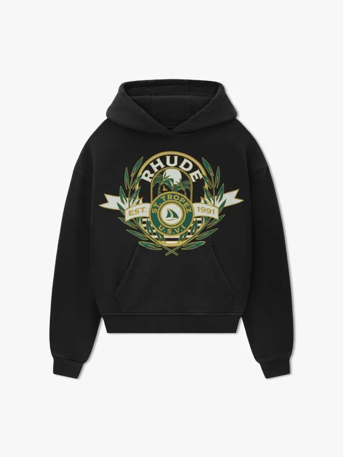Men Rhude Sweatshirts STTROPEZ YACHT CREST HOODIE Vtg Black