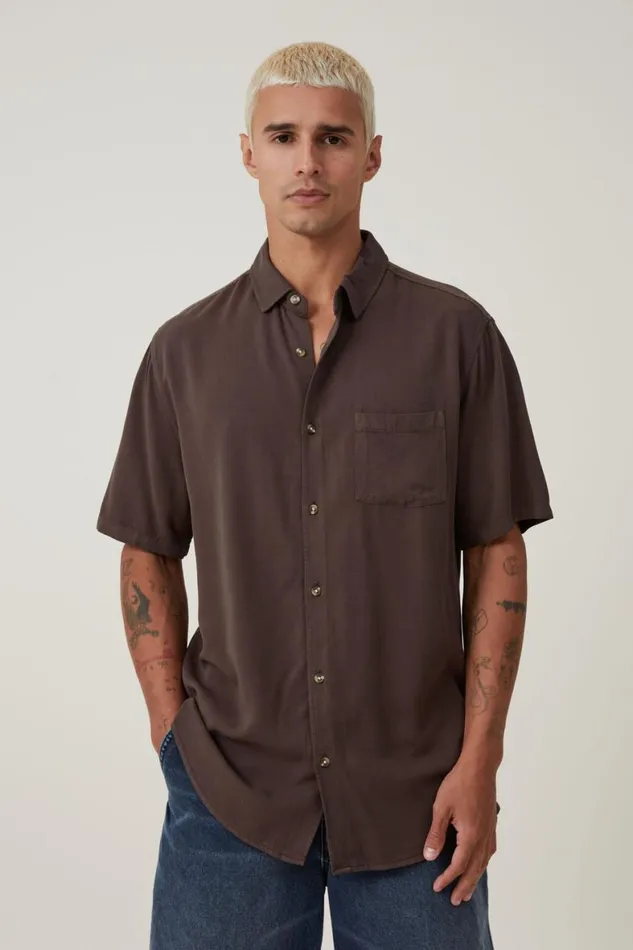 Men Shirts and Polos Cotton On Cuban Short Sleeve Shirt Ashen Brown