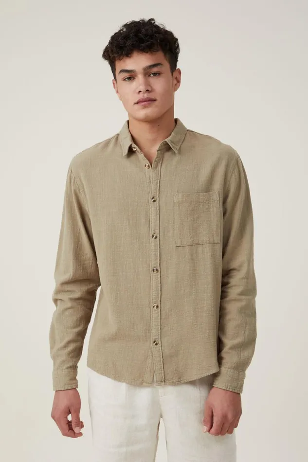 Men Shirts and Polos Cotton On Portland Long Sleeve Shirt Moss Cheesecloth