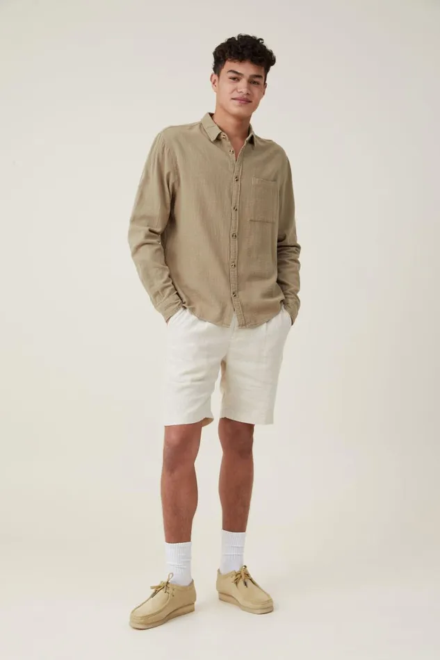 Men Shirts and Polos Cotton On Portland Long Sleeve Shirt Moss Cheesecloth