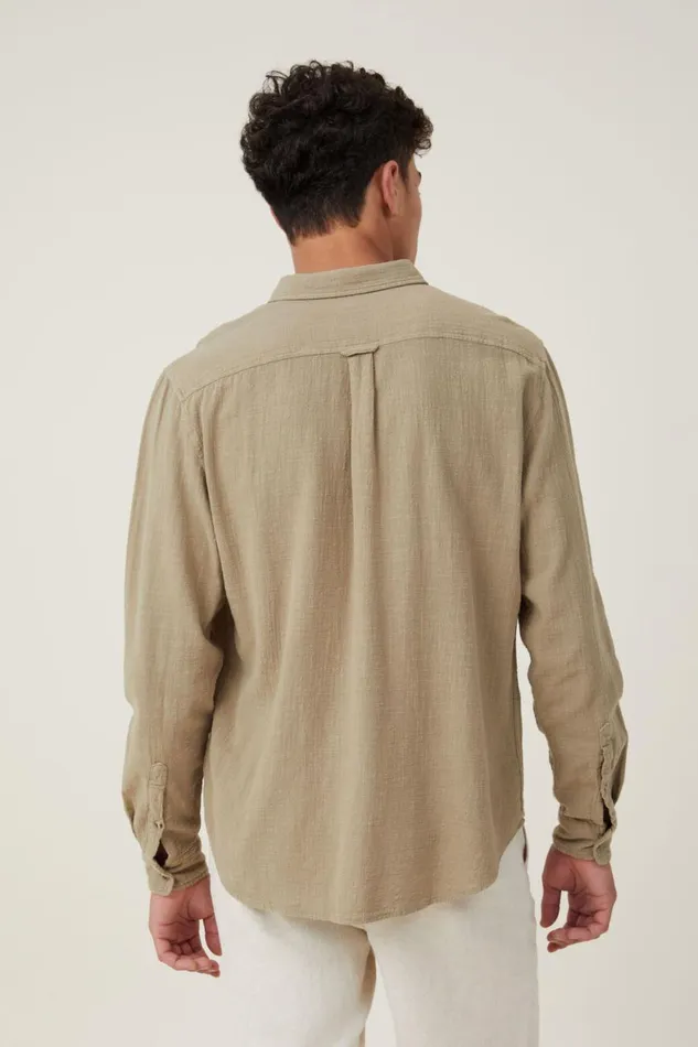 Men Shirts and Polos Cotton On Portland Long Sleeve Shirt Moss Cheesecloth