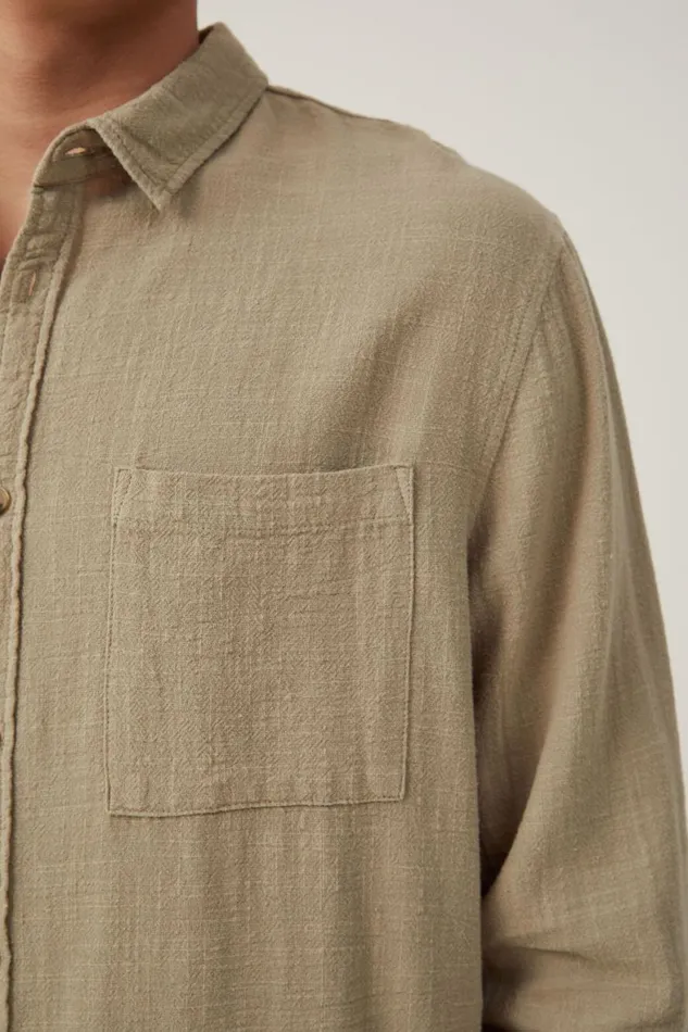 Men Shirts and Polos Cotton On Portland Long Sleeve Shirt Moss Cheesecloth