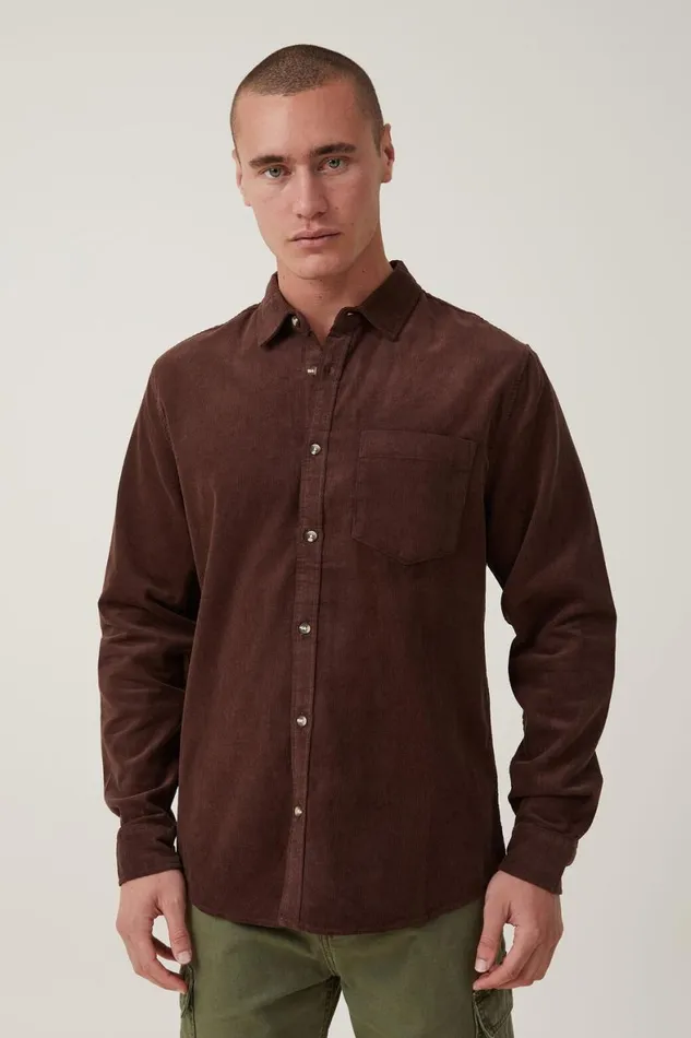 Men Shirts and Polos Cotton On Portland Long Sleeve Shirt Washed Chocolate Cord