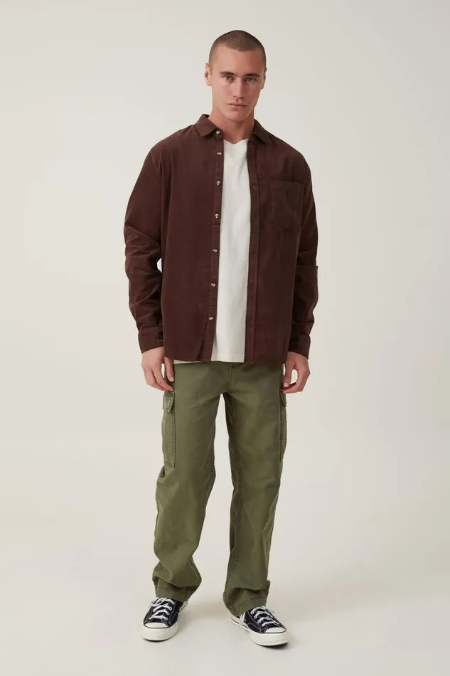 Men Shirts and Polos Cotton On Portland Long Sleeve Shirt Washed Chocolate Cord