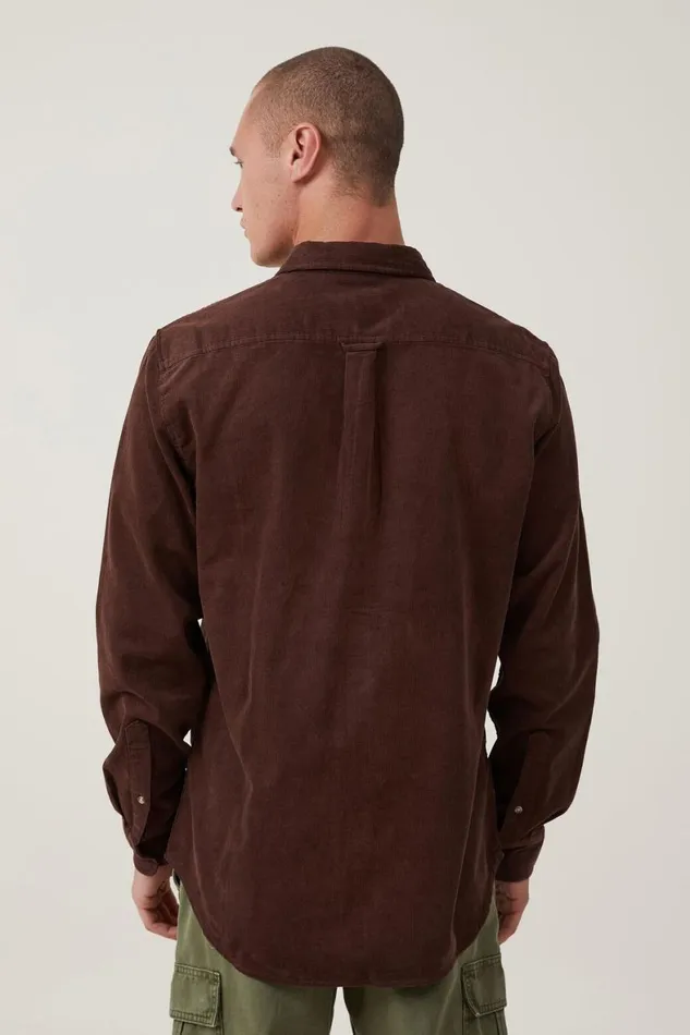 Men Shirts and Polos Cotton On Portland Long Sleeve Shirt Washed Chocolate Cord