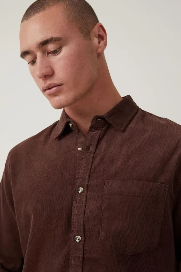 Men Shirts and Polos Cotton On Portland Long Sleeve Shirt Washed Chocolate Cord