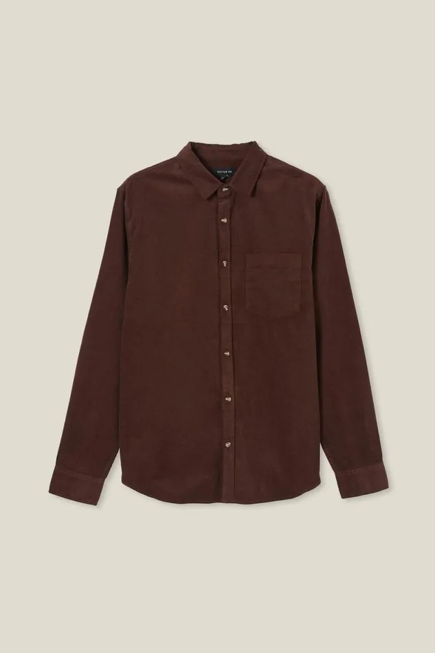 Men Shirts and Polos Cotton On Portland Long Sleeve Shirt Washed Chocolate Cord