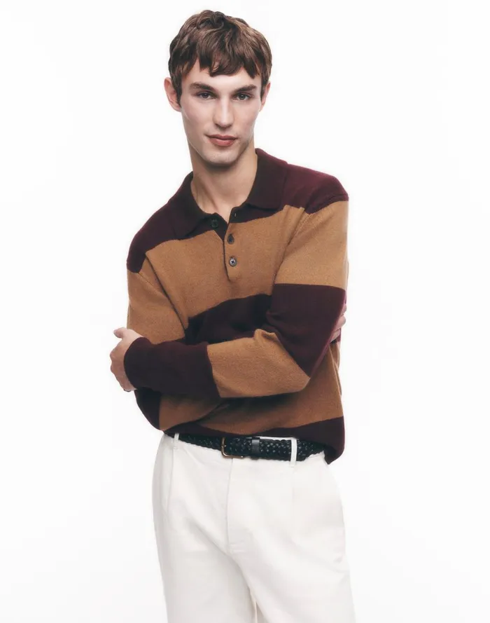 Men Shirts Madewell RugbyStripe Sweater Polo Shirt In SoftWool Heather Berry