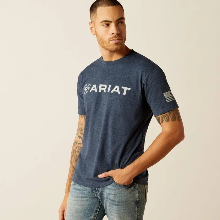 Men TShirts and Polos Ariat Ariat Shield Flag TShirt Navy Heather