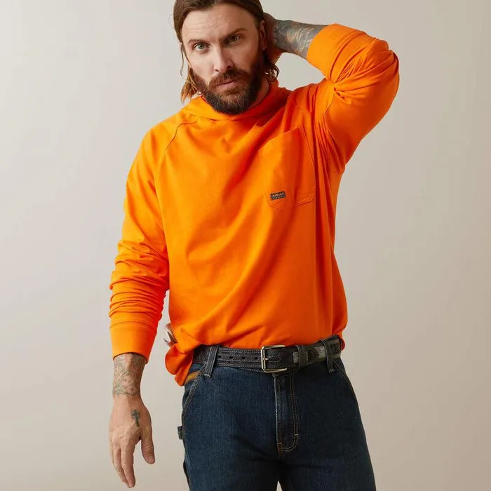 Men TShirts and Polos Ariat Rebar Cotton Strong Hooded TShirt Bright Orange