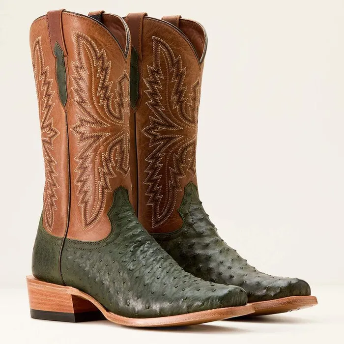 Men Western Boots Ariat Futurity Relentless Buckles Cowboy Boot Olive Full Quill Ostrichwindsor Tan