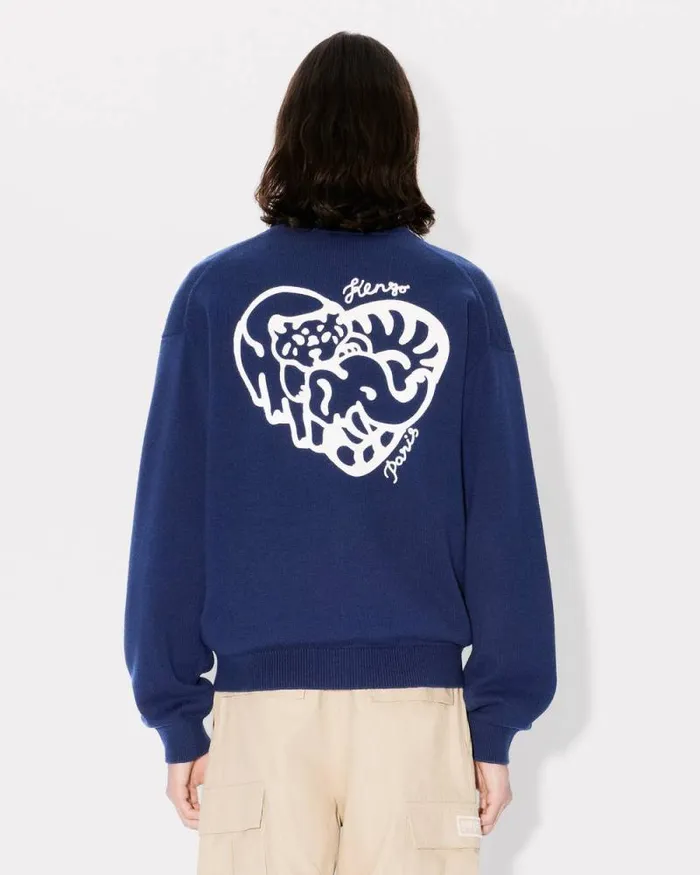MenWomen 039KENZO Jungle Heart039 Cardigan In Wool And Cotton Midnight Blue Kenzo Sweaters And Cardigans