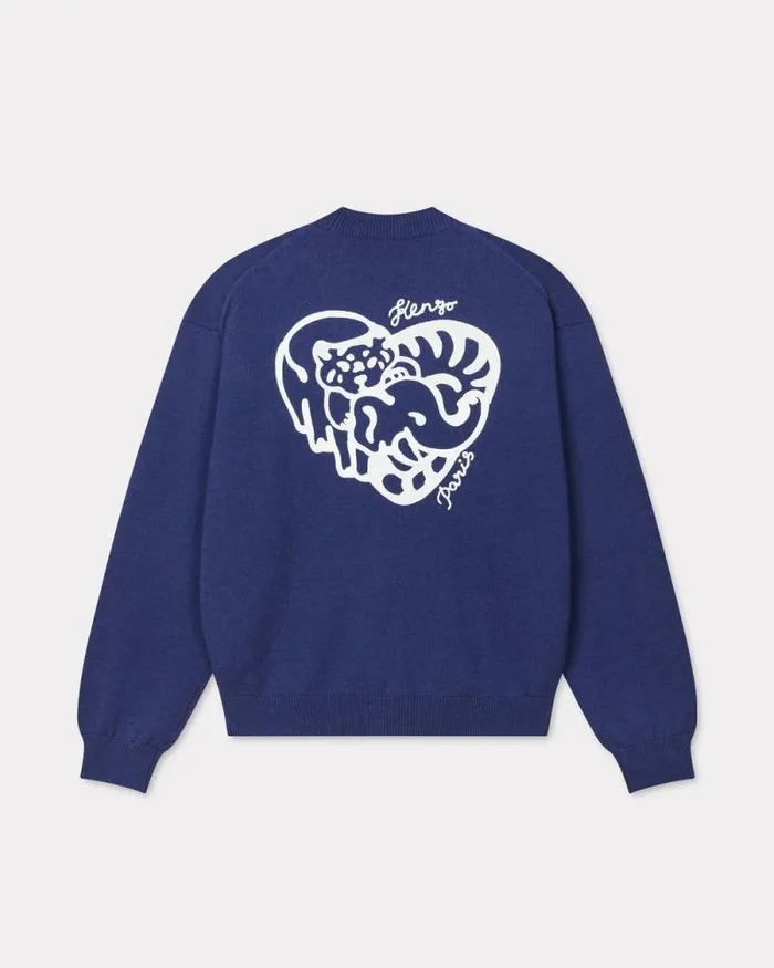 MenWomen 039KENZO Jungle Heart039 Cardigan In Wool And Cotton Midnight Blue Kenzo Sweaters And Cardigans