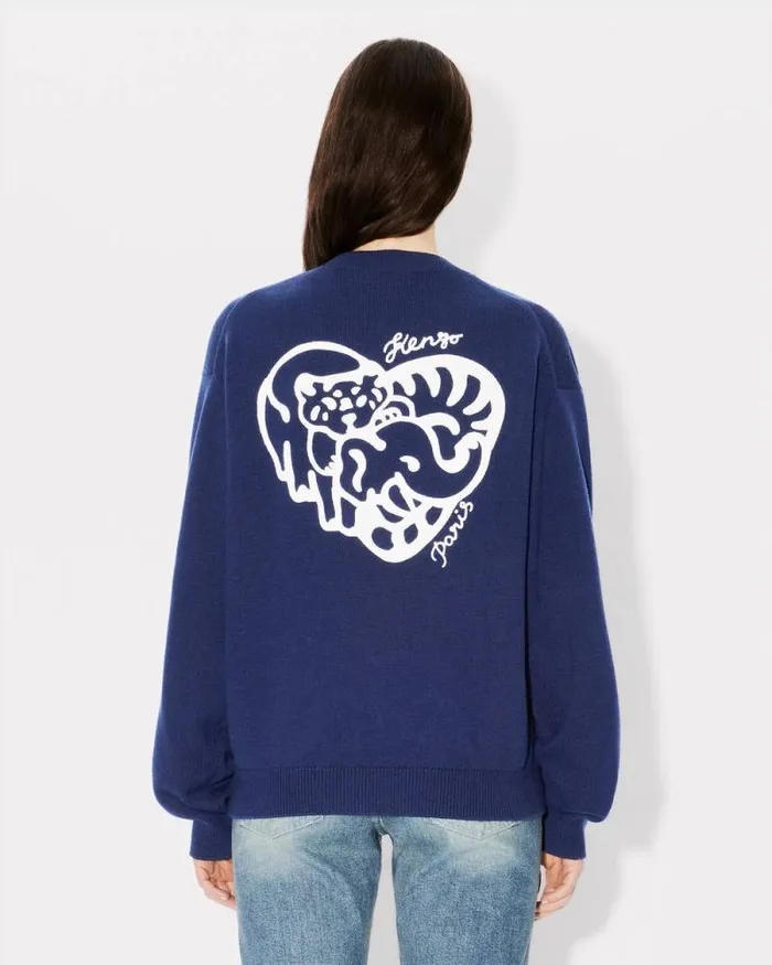 MenWomen 039KENZO Jungle Heart039 Cardigan In Wool And Cotton Midnight Blue Kenzo Sweaters And Cardigans