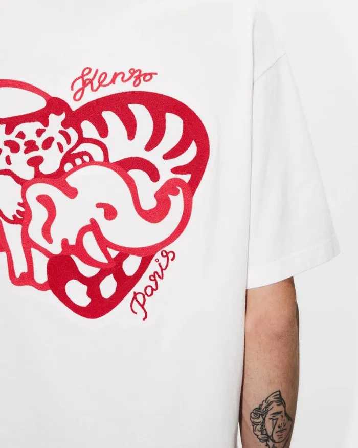 MenWomen 039KENZO Jungle Heart039 Oversized Embroidered Tshirt In Cotton Off White Kenzo Tshirts And Polos