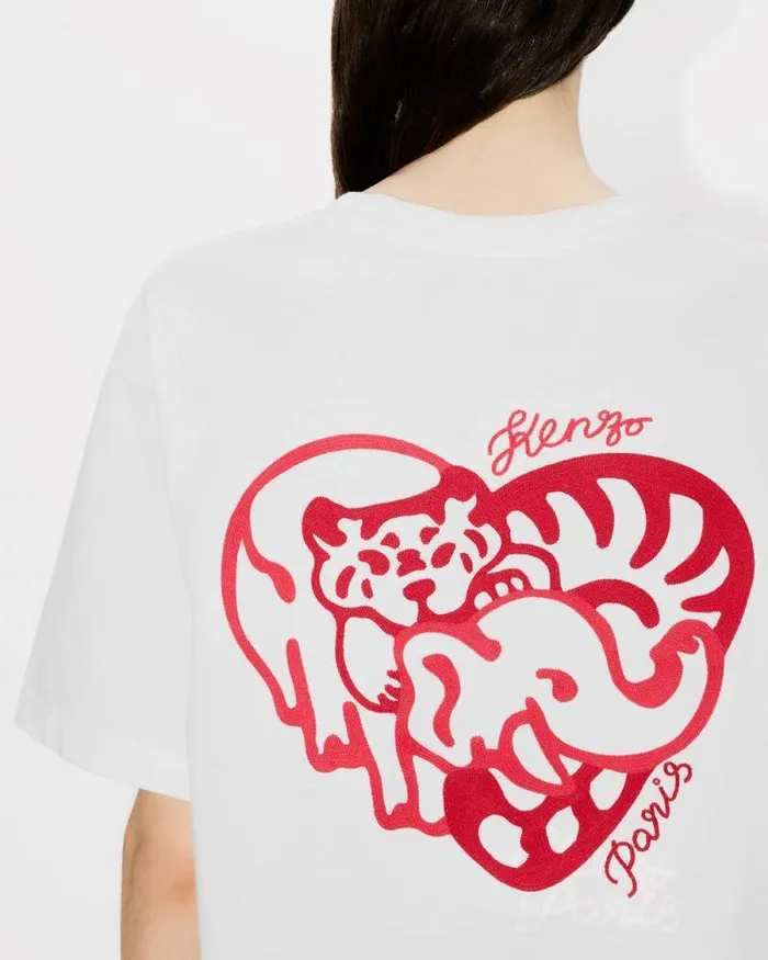 MenWomen 039KENZO Jungle Heart039 Oversized Embroidered Tshirt In Cotton Off White Kenzo Tshirts And Polos