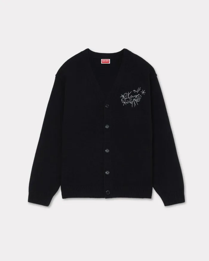 MenWomen 039KENZO Star Tiger039 Genderless Embroidered Cardigan In Wool Black Kenzo Sweaters And Cardigans