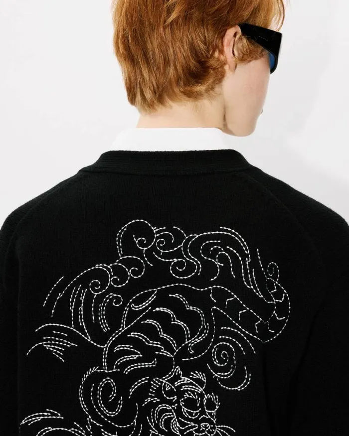 MenWomen 039KENZO Star Tiger039 Genderless Embroidered Cardigan In Wool Black Kenzo Sweaters And Cardigans