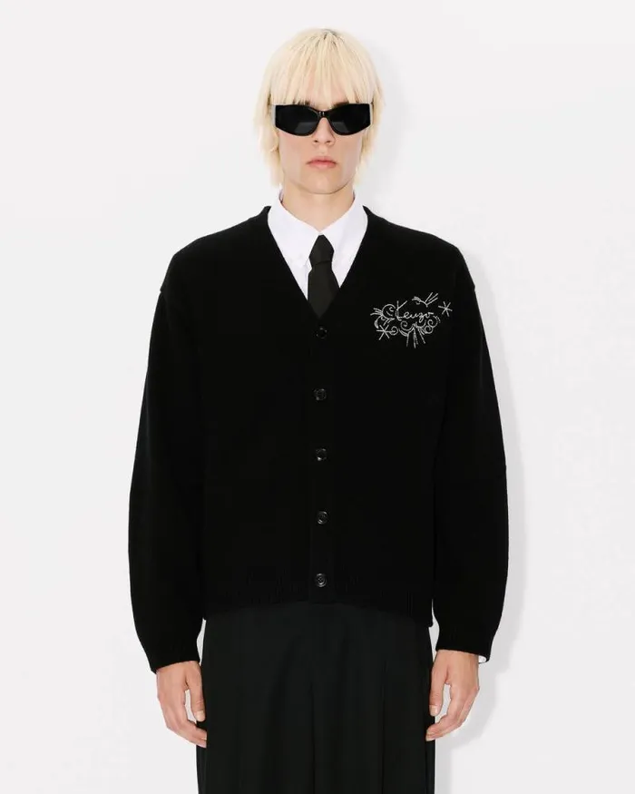 MenWomen 039KENZO Star Tiger039 Genderless Embroidered Cardigan In Wool Black Kenzo Sweaters And Cardigans