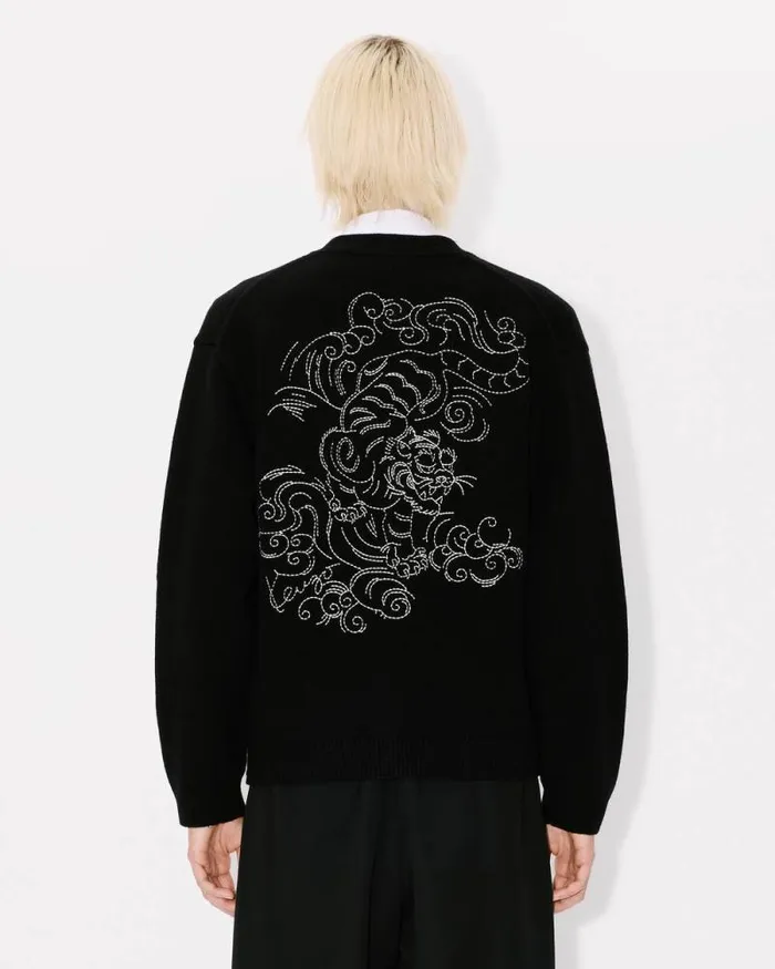MenWomen 039KENZO Star Tiger039 Genderless Embroidered Cardigan In Wool Black Kenzo Sweaters And Cardigans