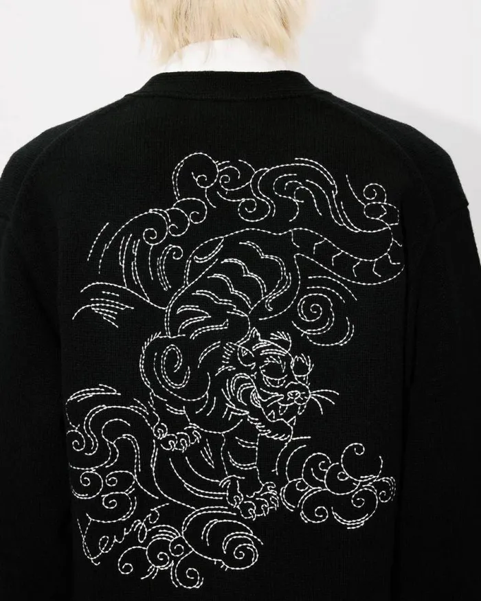 MenWomen 039KENZO Star Tiger039 Genderless Embroidered Cardigan In Wool Black Kenzo Sweaters And Cardigans