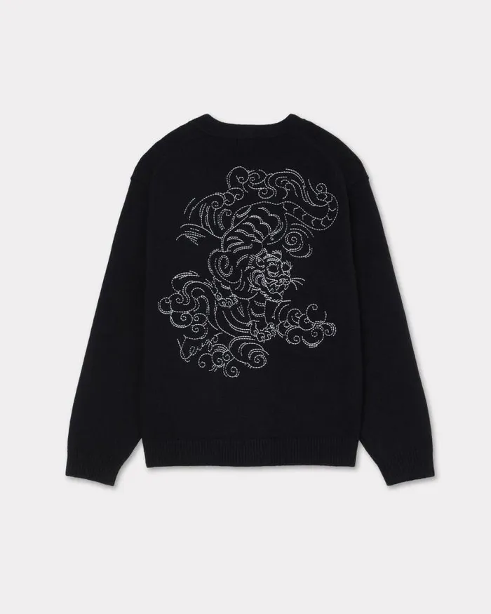 MenWomen 039KENZO Star Tiger039 Genderless Embroidered Cardigan In Wool Black Kenzo Sweaters And Cardigans