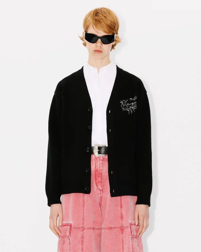 MenWomen 039KENZO Star Tiger039 Genderless Embroidered Cardigan In Wool Black Kenzo Sweaters And Cardigans