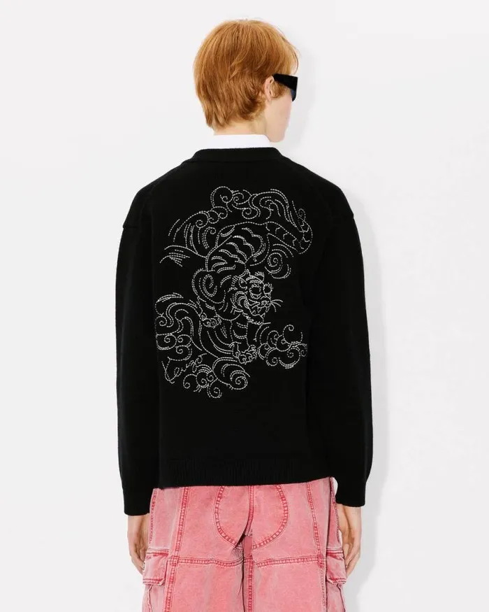 MenWomen 039KENZO Star Tiger039 Genderless Embroidered Cardigan In Wool Black Kenzo Sweaters And Cardigans