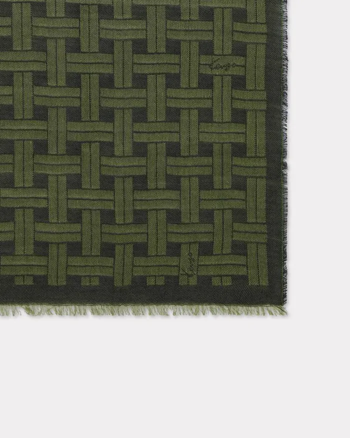 MenWomen 039KENZO Weave039 Jacquard Stole In Virgin Wool And Cotton Dark Khaki Kenzo Scarves