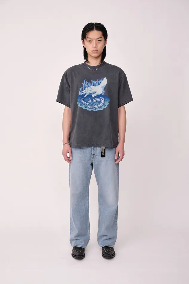 Men Wonhundred LA Print Hand 8211 Washed Black Tshirts and Tops
