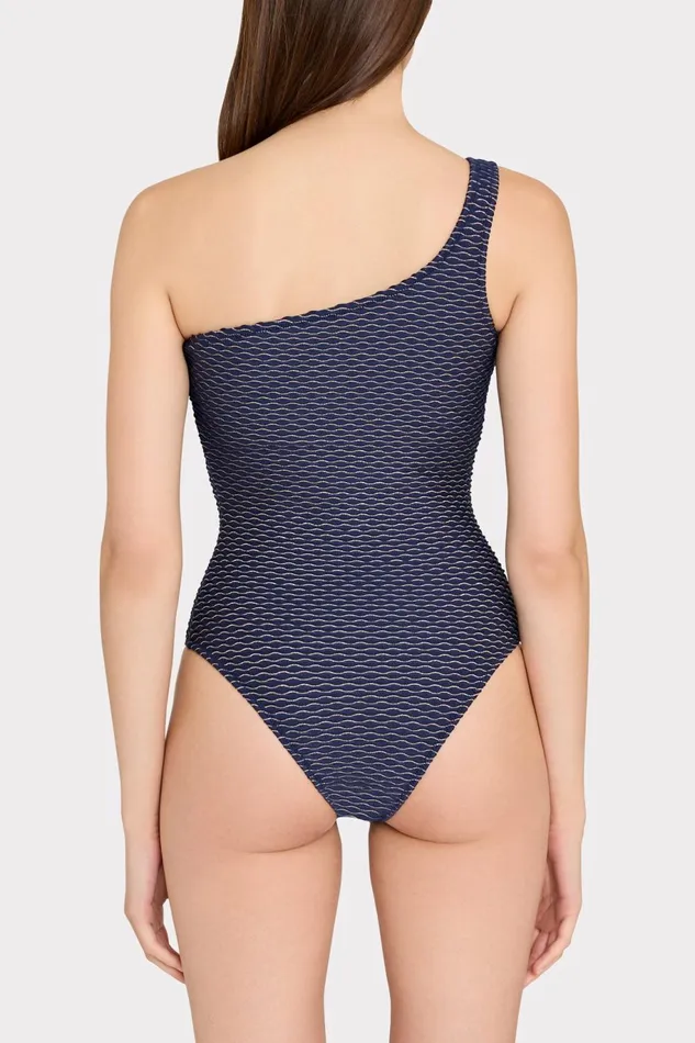 Milly Joni Textured Waves One Shoulder One Piece Navy Women Swim and Coverups