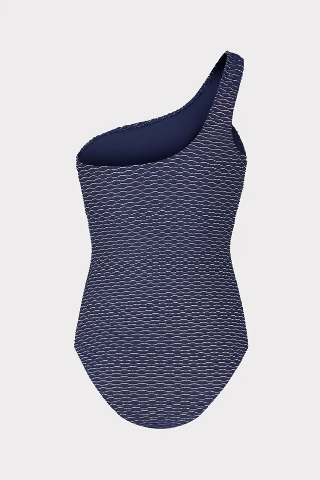 Milly Joni Textured Waves One Shoulder One Piece Navy Women Swim and Coverups