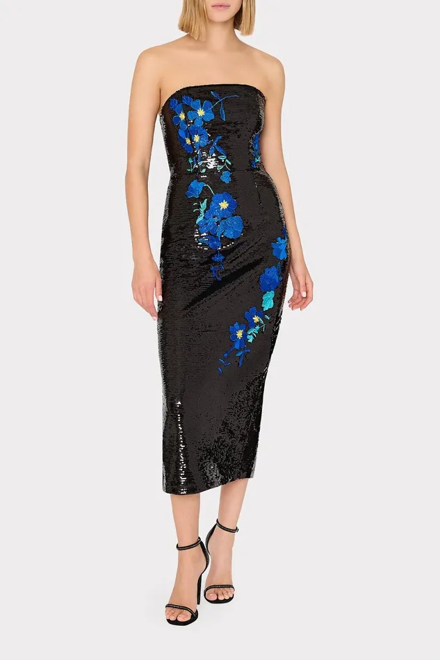 Milly Kait Vines Of Floral Sequins Dress Blackblue Women Dresses