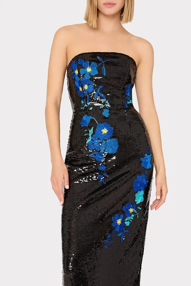 Milly Kait Vines Of Floral Sequins Dress Blackblue Women Dresses