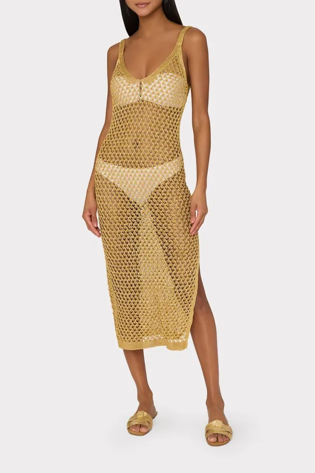 Milly Metallic Mesh V Neck Midi CoverUp Dress Gold Women Swim and Coverups Milly Metallic Mesh V Neck Midi CoverUp Dress Gold Women Swim and Coverups