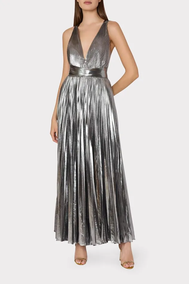 Milly Oria Pleated Lam Dress Silver Women Dresses Milly Oria Pleated Lam Dress Silver Women Dresses